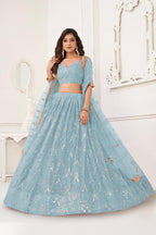 Aastha Fashion Sky Blue Butterfly Net Tone To Tone Cotton Thread Work With Sequence Work Embroidery Wedding Wear Lehenga Choli - Distacart