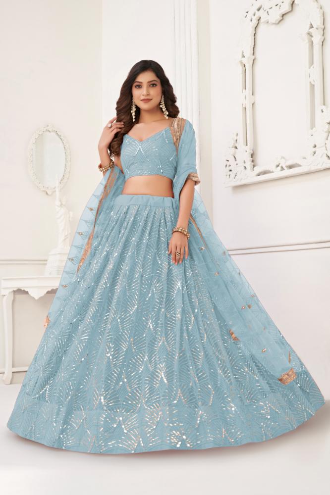 Aastha Fashion Sky Blue Butterfly Net Tone To Tone Cotton Thread Work With Sequence Work Embroidery Wedding Wear Lehenga Choli - Distacart