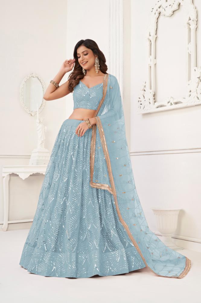 Aastha Fashion Sky Blue Butterfly Net Tone To Tone Cotton Thread Work With Sequence Work Embroidery Wedding Wear Lehenga Choli - Distacart
