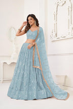Aastha Fashion Sky Blue Butterfly Net Tone To Tone Cotton Thread Work With Sequence Work Embroidery Wedding Wear Lehenga Choli - Distacart