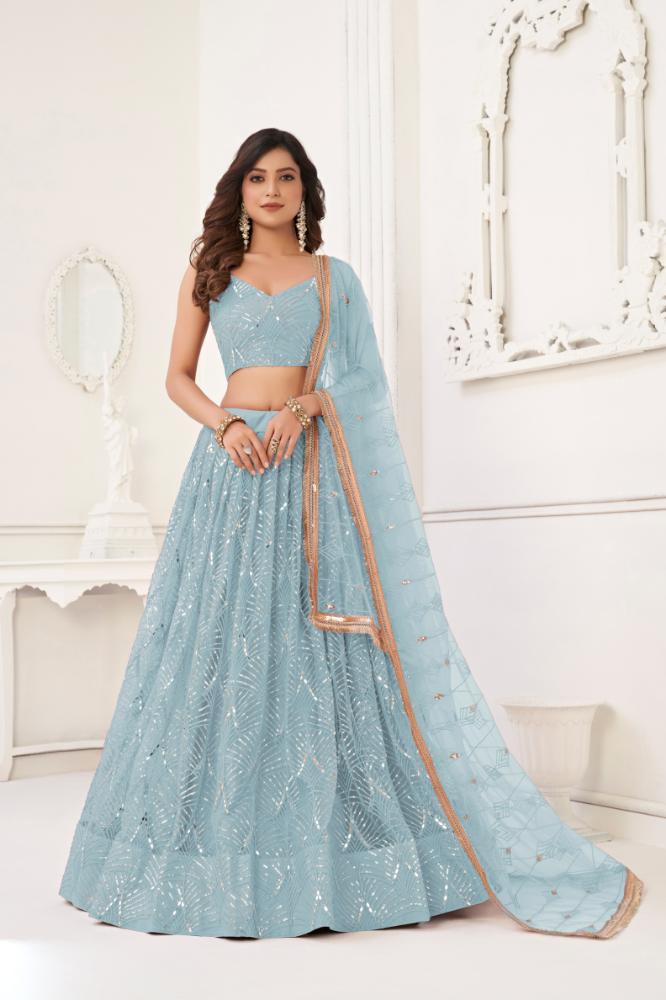 Aastha Fashion Sky Blue Butterfly Net Tone To Tone Cotton Thread Work With Sequence Work Embroidery Wedding Wear Lehenga Choli - Distacart
