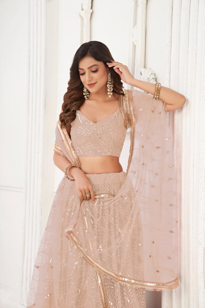 Aastha Fashion Peach Butterfly Net Tone To Tone Cotton Thread Work With Sequence Work Embroidery Wedding Wear Lehenga Choli - Distacart
