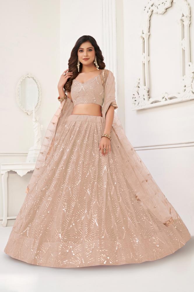 Aastha Fashion Peach Butterfly Net Tone To Tone Cotton Thread Work With Sequence Work Embroidery Wedding Wear Lehenga Choli - Distacart
