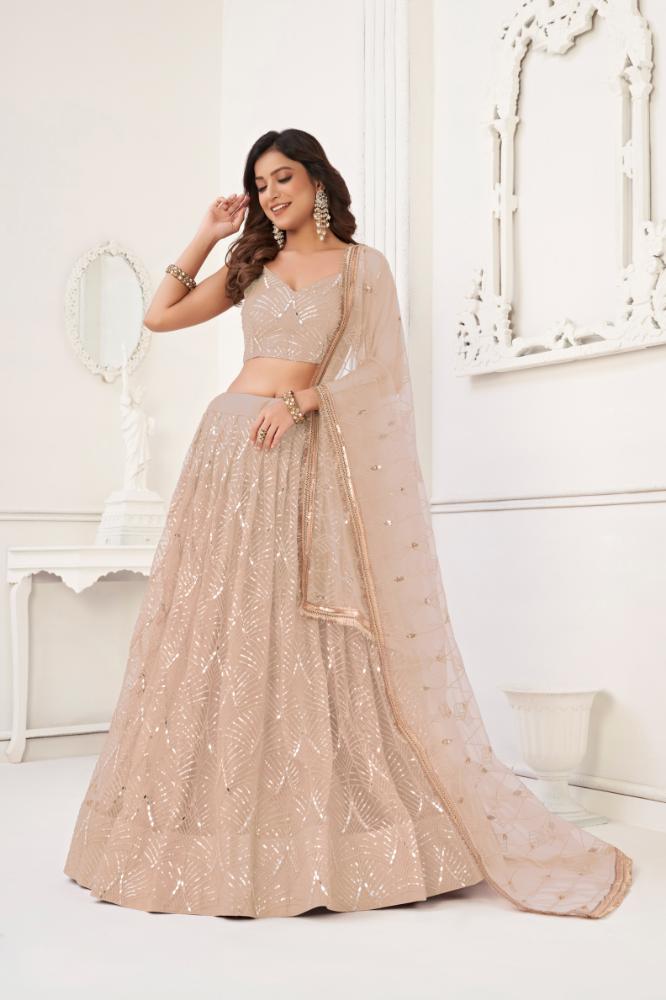 Aastha Fashion Peach Butterfly Net Tone To Tone Cotton Thread Work With Sequence Work Embroidery Wedding Wear Lehenga Choli - Distacart