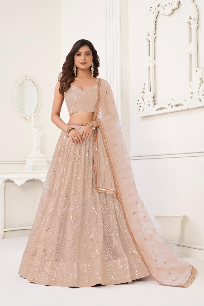 Aastha Fashion Peach Butterfly Net Tone To Tone Cotton Thread Work With Sequence Work Embroidery Wedding Wear Lehenga Choli - Distacart