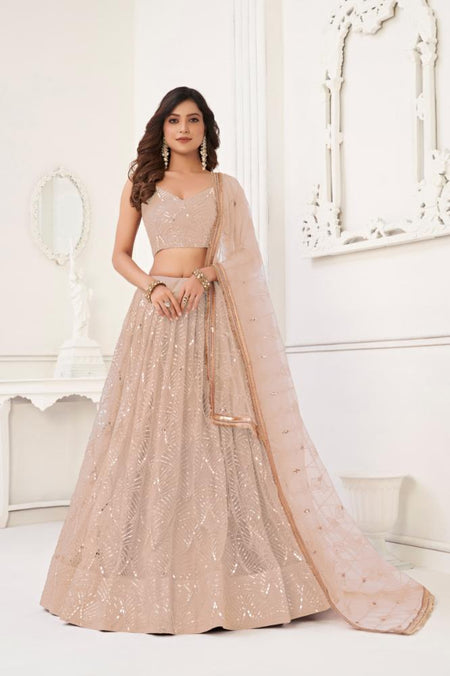 Aastha Fashion Peach Butterfly Net Tone To Tone Cotton Thread Work With Sequence Work Embroidery Wedding Wear Lehenga Choli