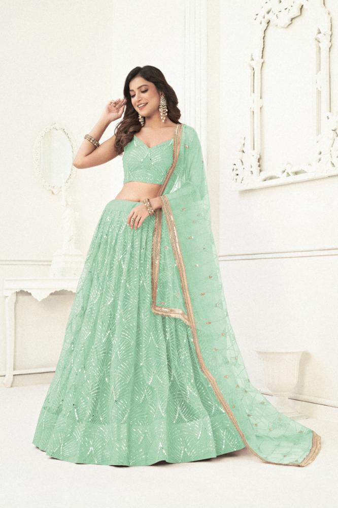 Aastha Fashion Sea Green Butterfly Net Tone To Tone Cotton Thread Work With Sequence Work Embroidery Wedding Wear Lehenga Choli - Distacart
