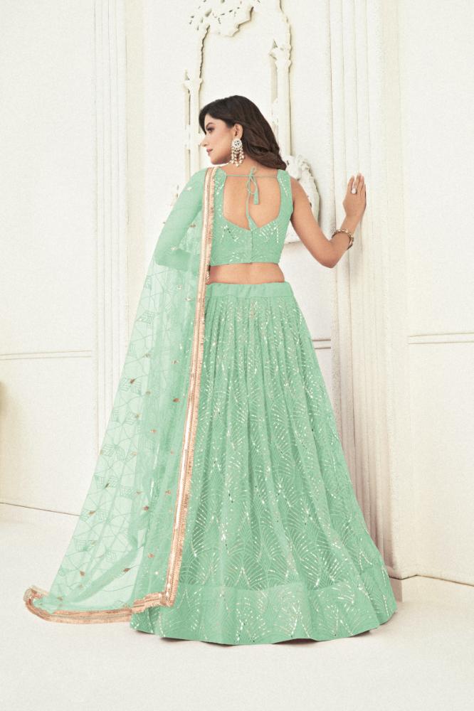 Aastha Fashion Sea Green Butterfly Net Tone To Tone Cotton Thread Work With Sequence Work Embroidery Wedding Wear Lehenga Choli - Distacart