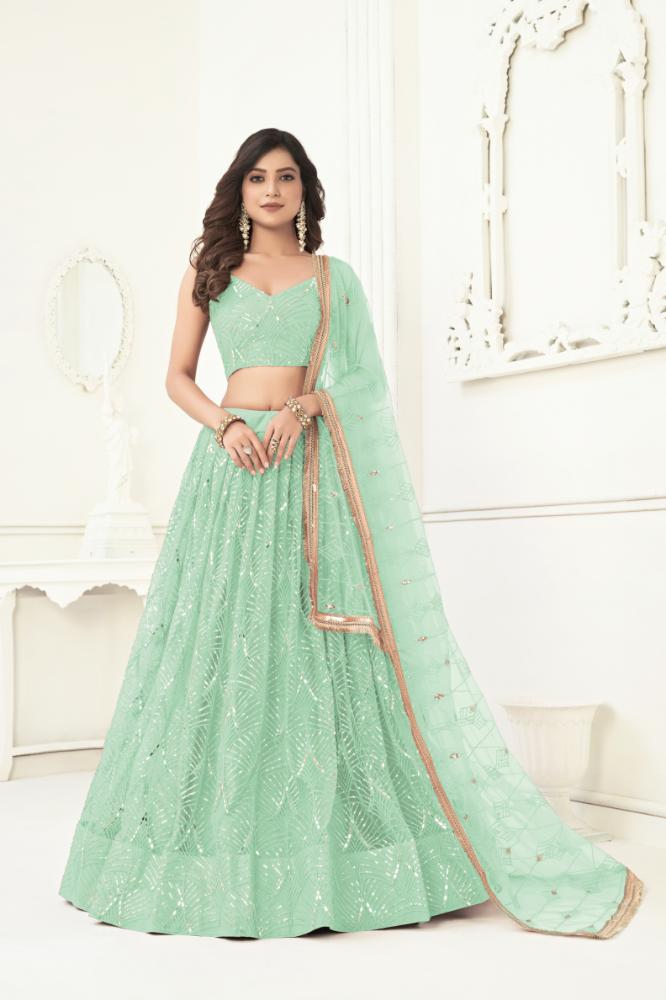 Aastha Fashion Sea Green Butterfly Net Tone To Tone Cotton Thread Work With Sequence Work Embroidery Wedding Wear Lehenga Choli - Distacart