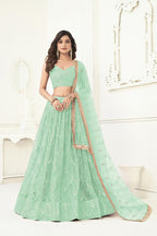 Aastha Fashion Sea Green Butterfly Net Tone To Tone Cotton Thread Work With Sequence Work Embroidery Wedding Wear Lehenga Choli - Distacart