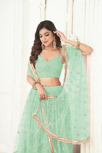 Aastha Fashion Sea Green Butterfly Net Tone To Tone Cotton Thread Work With Sequence Work Embroidery Wedding Wear Lehenga Choli - Distacart