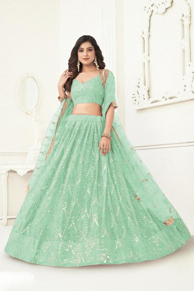 Aastha Fashion Sea Green Butterfly Net Tone To Tone Cotton Thread Work With Sequence Work Embroidery Wedding Wear Lehenga Choli - Distacart