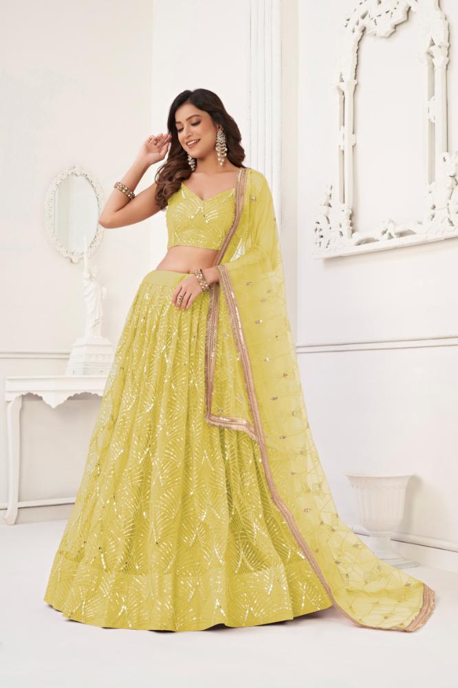 Aastha Fashion Lemon Yellow Butterfly Net Tone To Tone Cotton Thread Work With Sequence Work Embroidery Wedding Wear Lehenga Choli - Distacart
