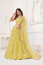 Aastha Fashion Lemon Yellow Butterfly Net Tone To Tone Cotton Thread Work With Sequence Work Embroidery Wedding Wear Lehenga Choli - Distacart