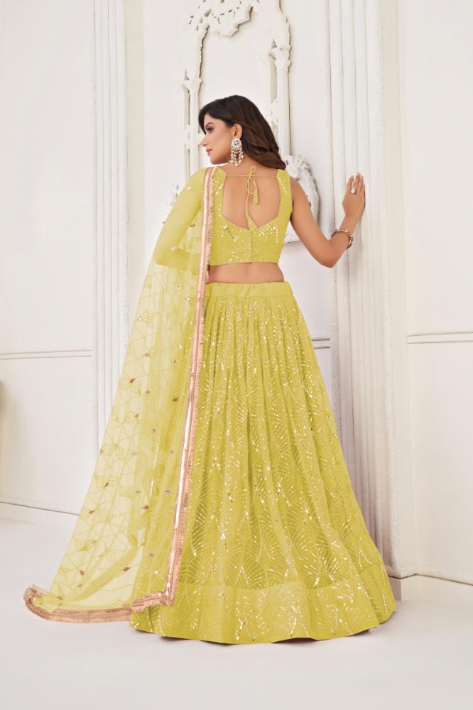 Aastha Fashion Lemon Yellow Butterfly Net Tone To Tone Cotton Thread Work With Sequence Work Embroidery Wedding Wear Lehenga Choli - Distacart