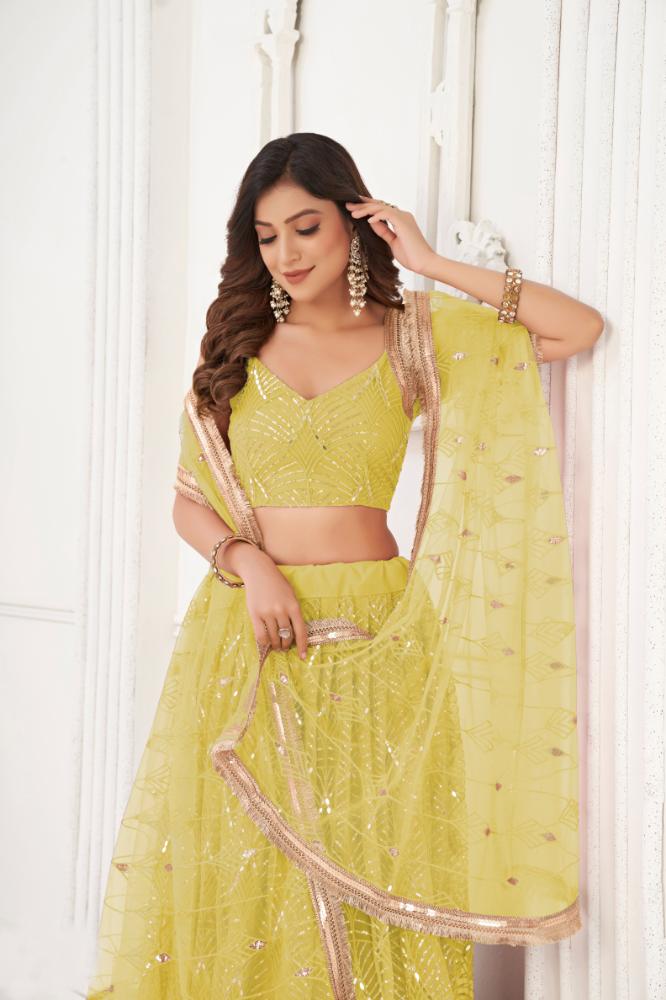 Aastha Fashion Lemon Yellow Butterfly Net Tone To Tone Cotton Thread Work With Sequence Work Embroidery Wedding Wear Lehenga Choli - Distacart