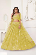 Aastha Fashion Lemon Yellow Butterfly Net Tone To Tone Cotton Thread Work With Sequence Work Embroidery Wedding Wear Lehenga Choli - Distacart