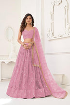 Aastha Fashion Dusty Pink Butterfly Net Tone To Tone Cotton Thread Work With Sequence Work Embroidery Wedding Wear Lehenga Choli - Distacart