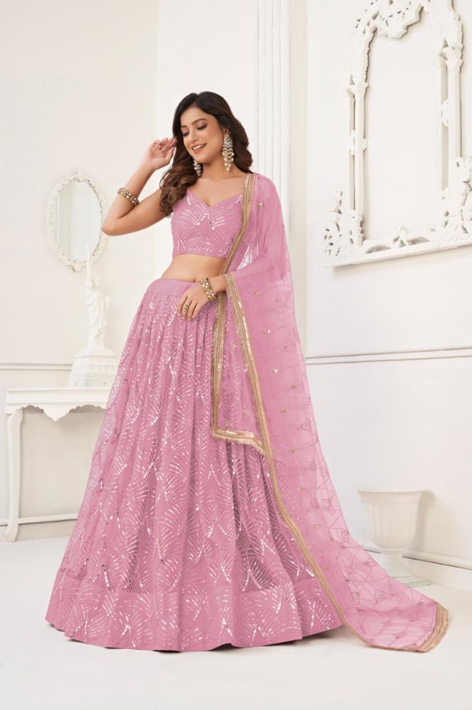 Aastha Fashion Dusty Pink Butterfly Net Tone To Tone Cotton Thread Work With Sequence Work Embroidery Wedding Wear Lehenga Choli - Distacart
