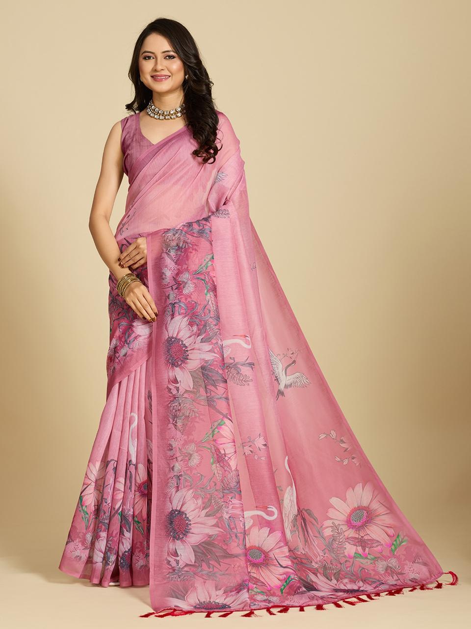 Aastha Fashion Pink Chanderi Cotton Silk Printed Saree - Distacart