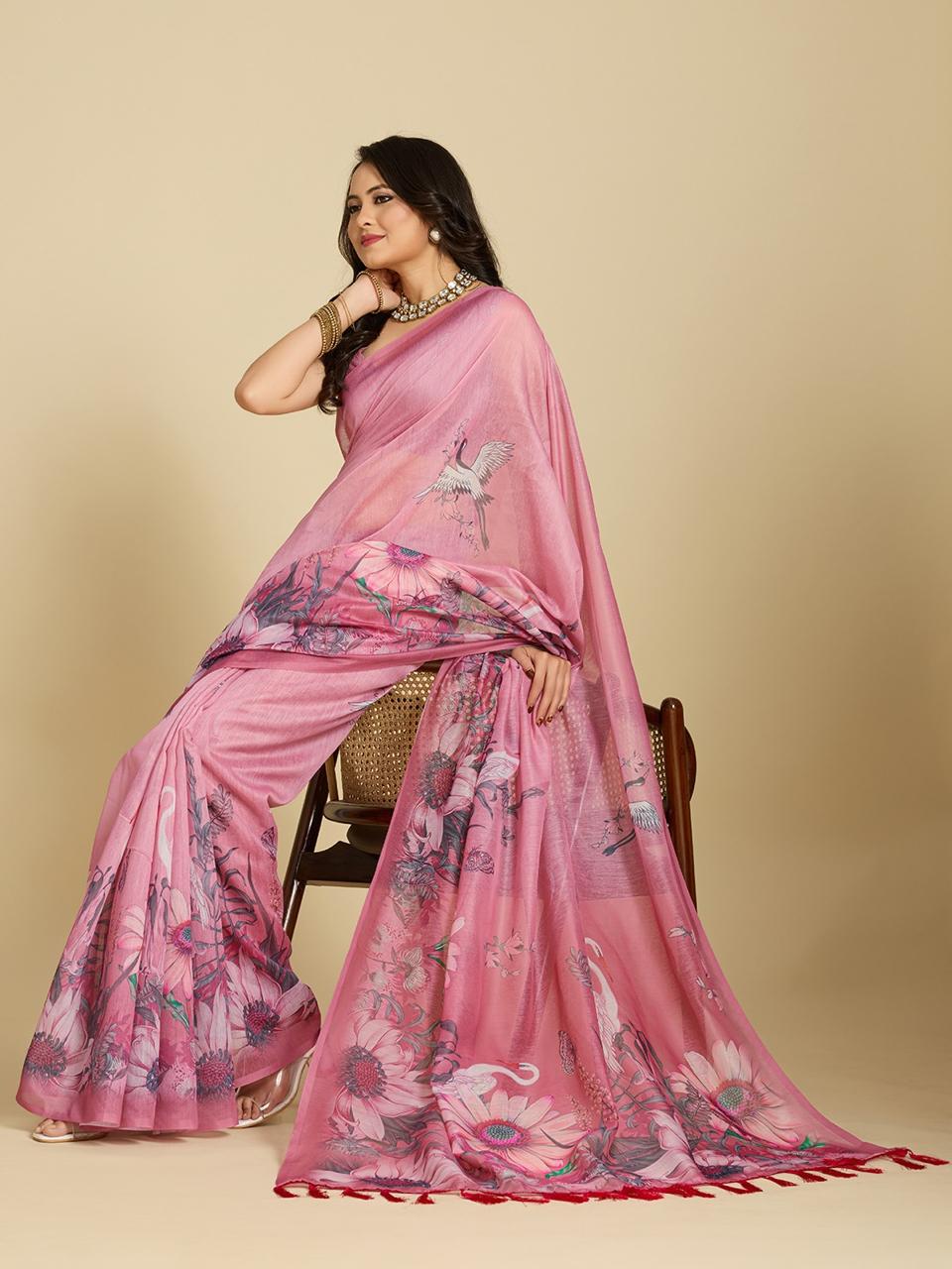 Aastha Fashion Pink Chanderi Cotton Silk Printed Saree - Distacart