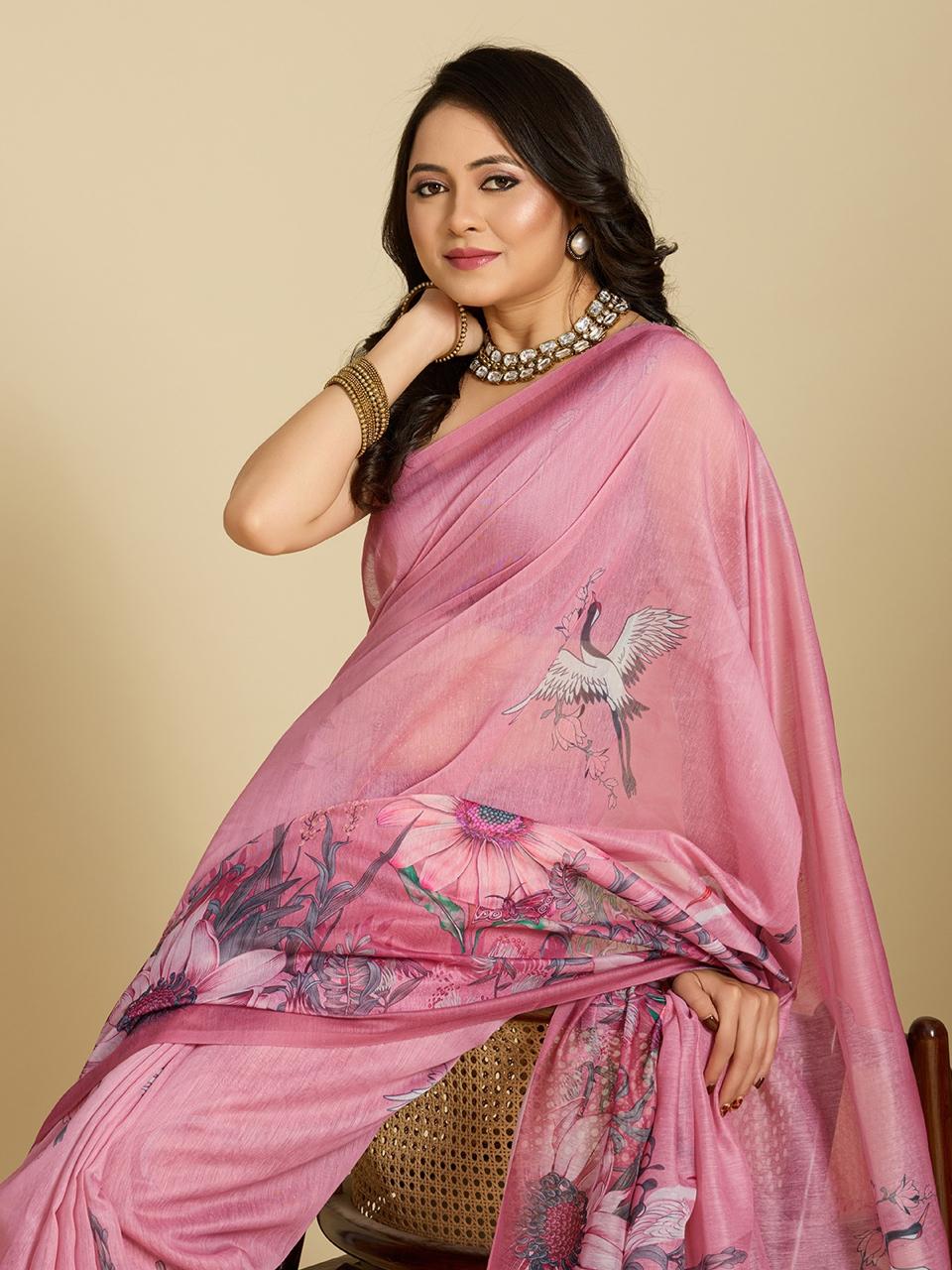 Aastha Fashion Pink Chanderi Cotton Silk Printed Saree - Distacart