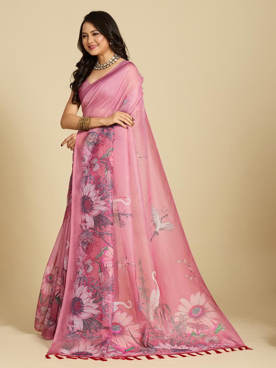Aastha Fashion Pink Chanderi Cotton Silk Printed Saree - Distacart