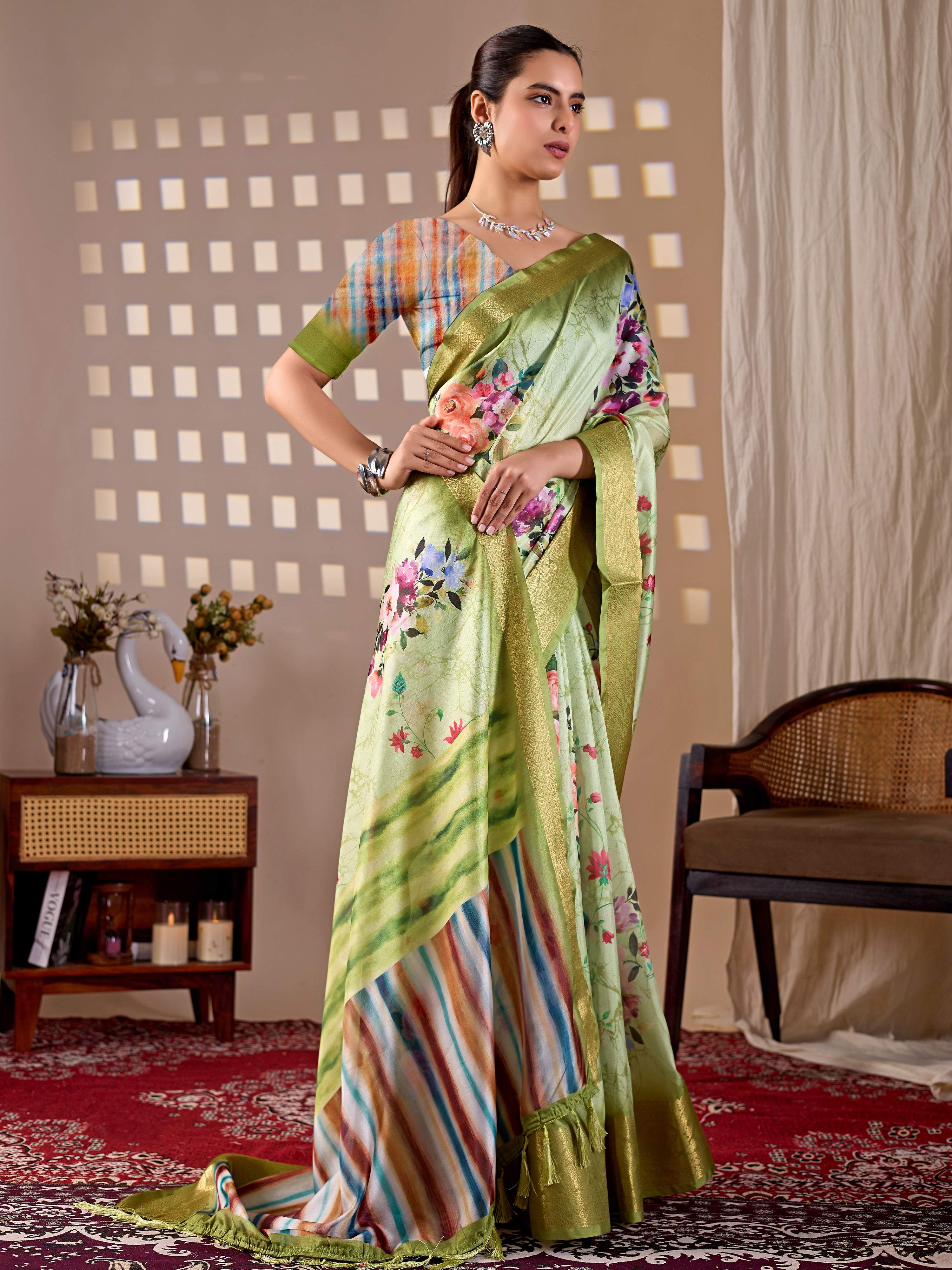 Aastha Fashion Green Soft Lichi Silk Printed Saree - Distacart