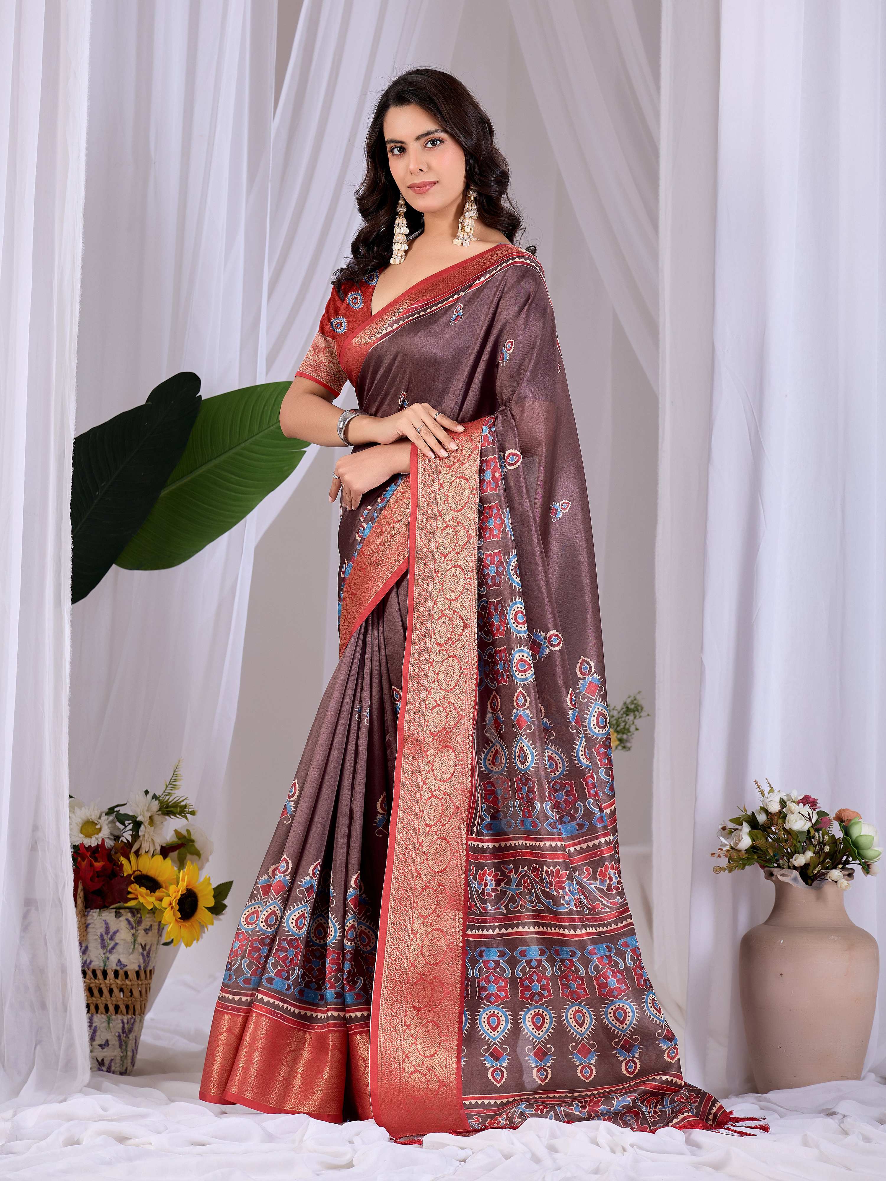 Aastha Fashion Light Brown Soft Lichi Silk Printed Saree - Distacart
