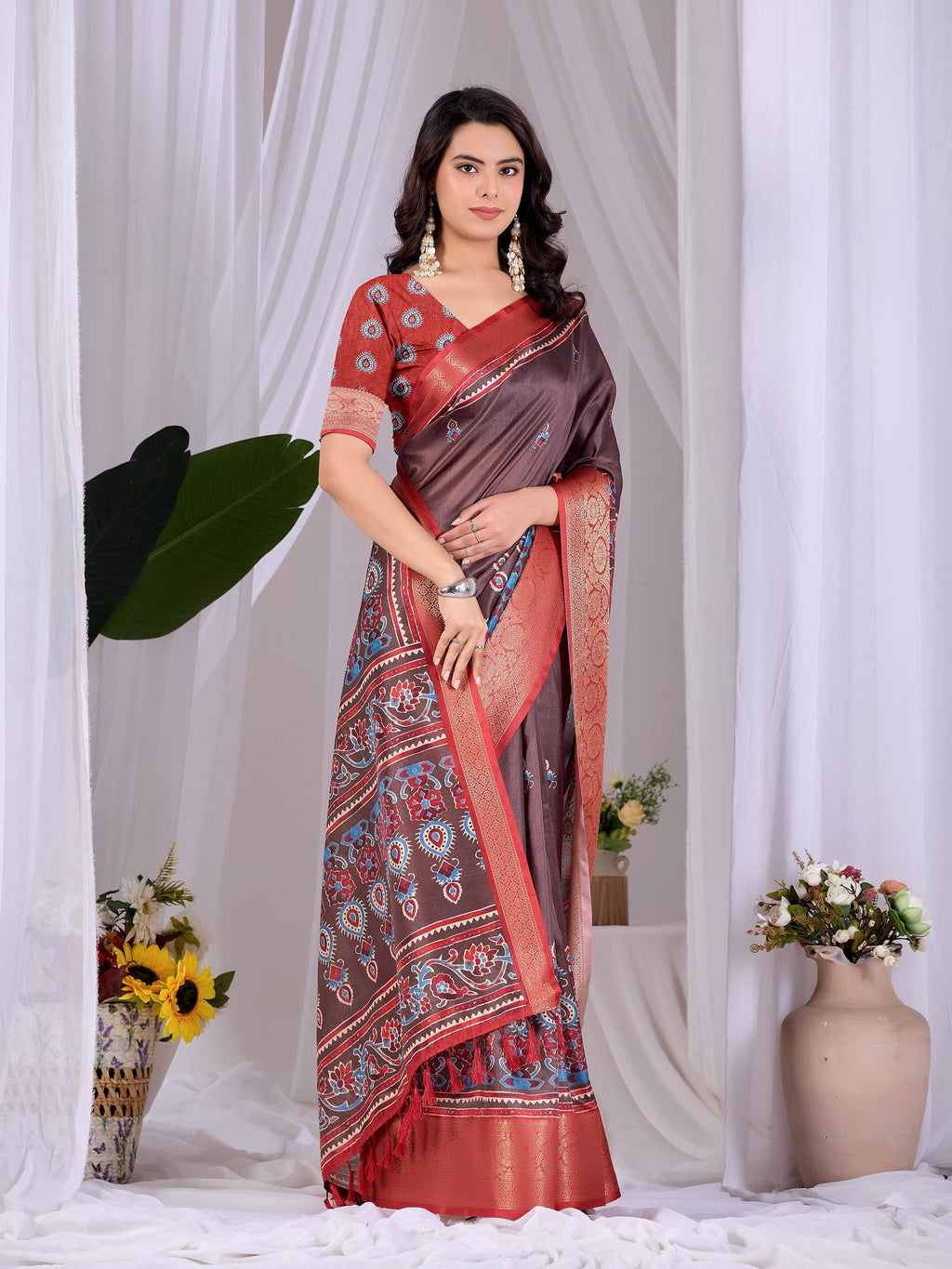 Aastha Fashion Light Brown Soft Lichi Silk Printed Saree - Distacart