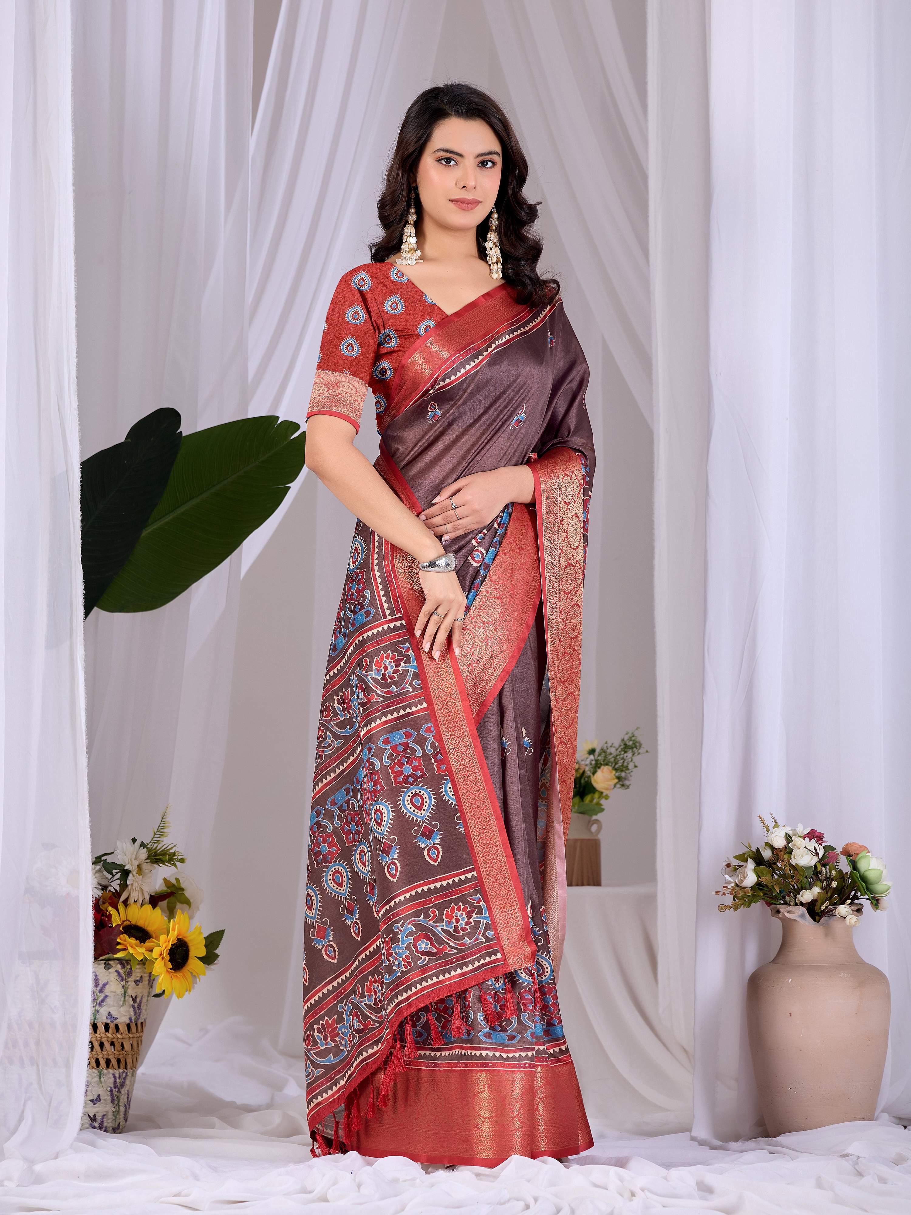 Aastha Fashion Light Brown Soft Lichi Silk Printed Saree - Distacart