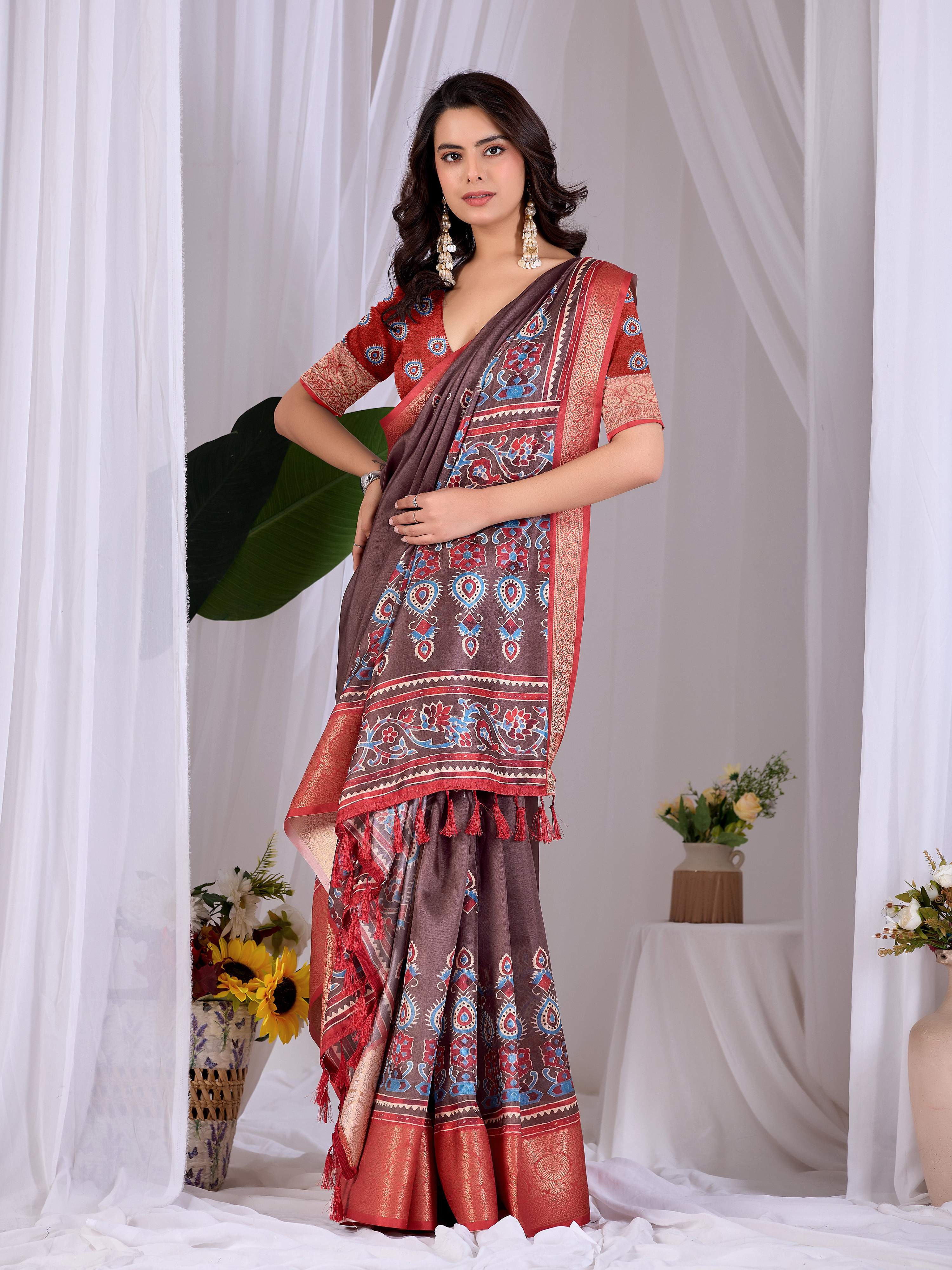 Aastha Fashion Light Brown Soft Lichi Silk Printed Saree - Distacart
