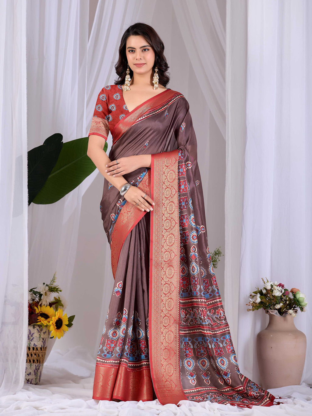 Aastha Fashion Light Brown Soft Lichi Silk Printed Saree - Distacart