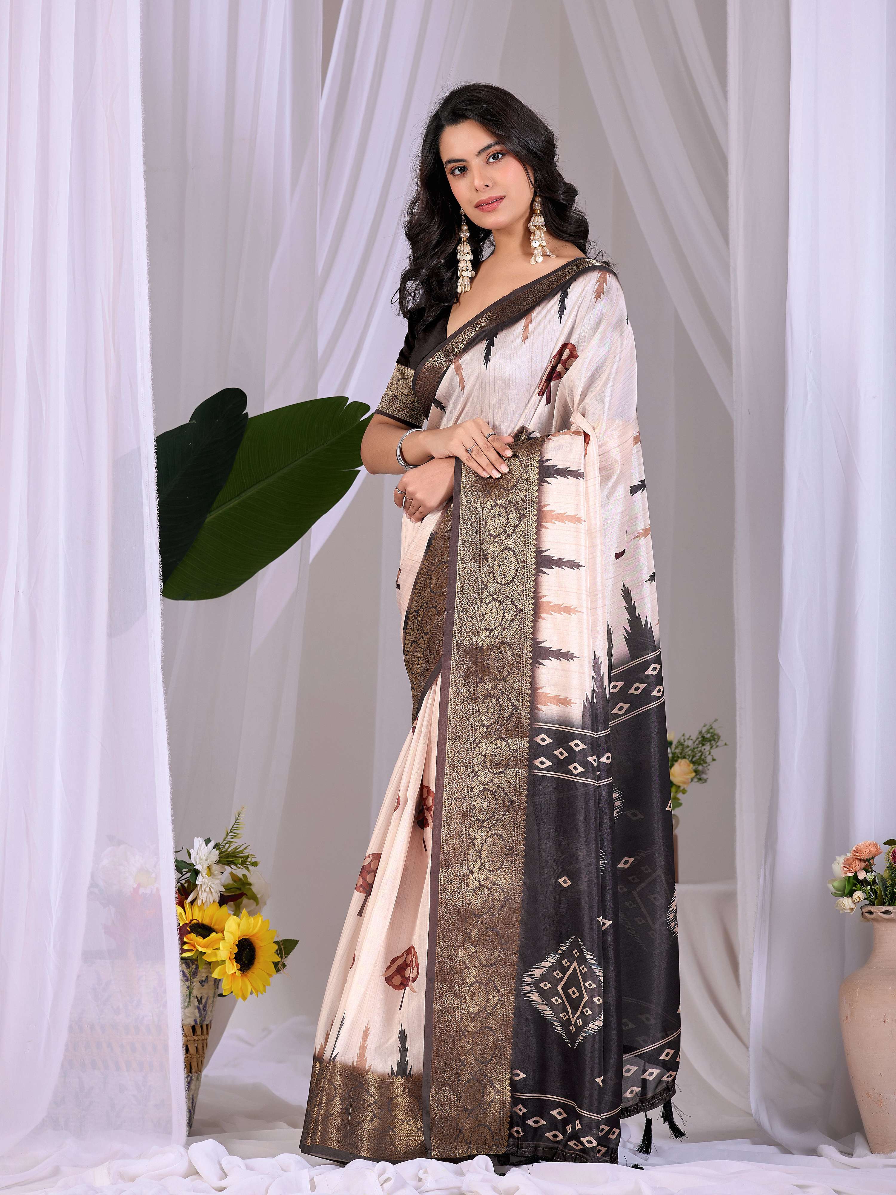 Aastha Fashion Cream Soft Lichi Silk Printed Saree - Distacart