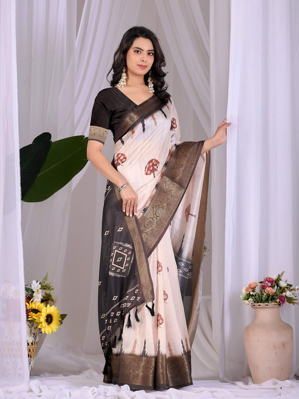 Aastha Fashion Cream Soft Lichi Silk Printed Saree - Distacart