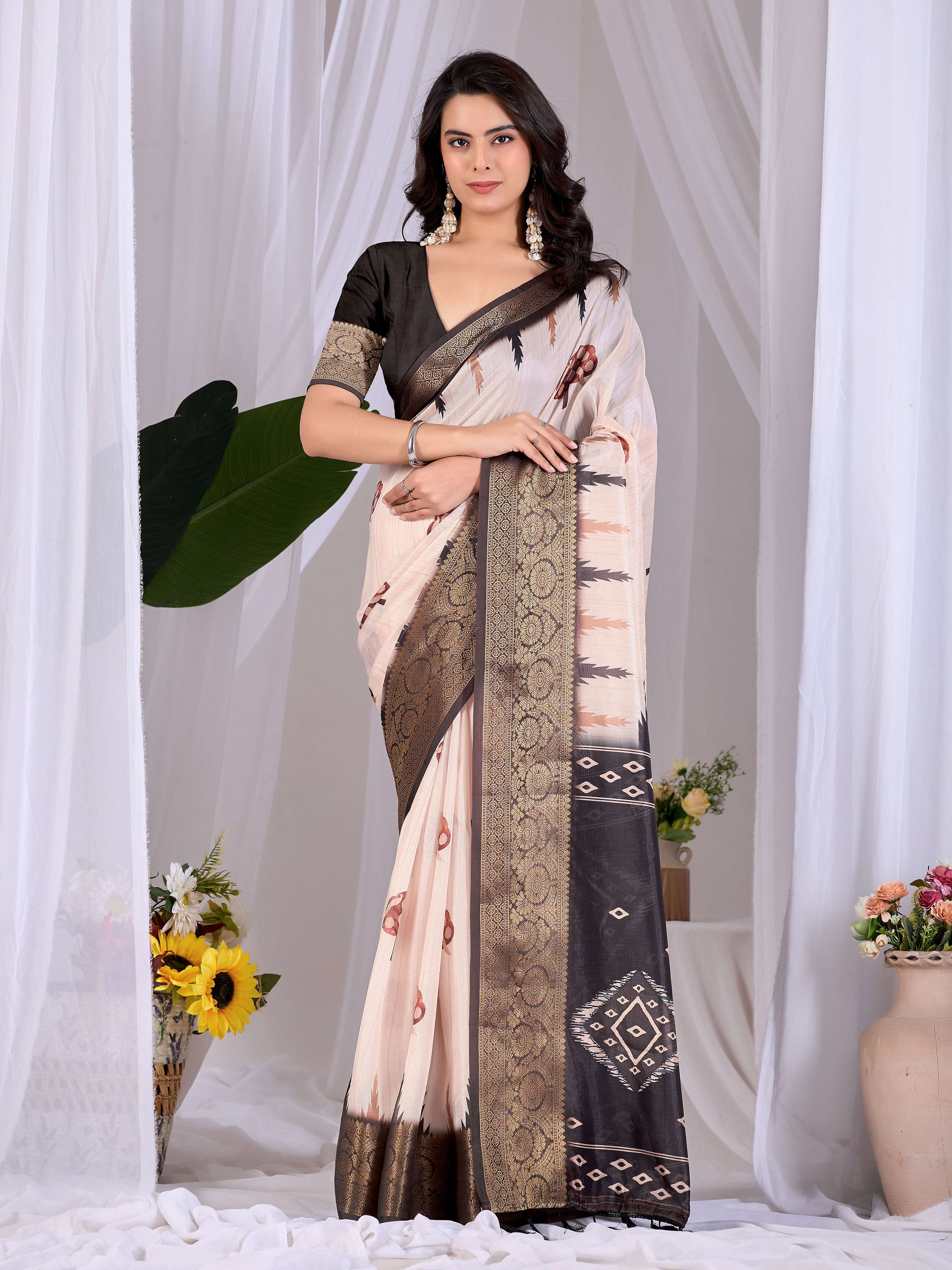 Aastha Fashion Cream Soft Lichi Silk Printed Saree - Distacart