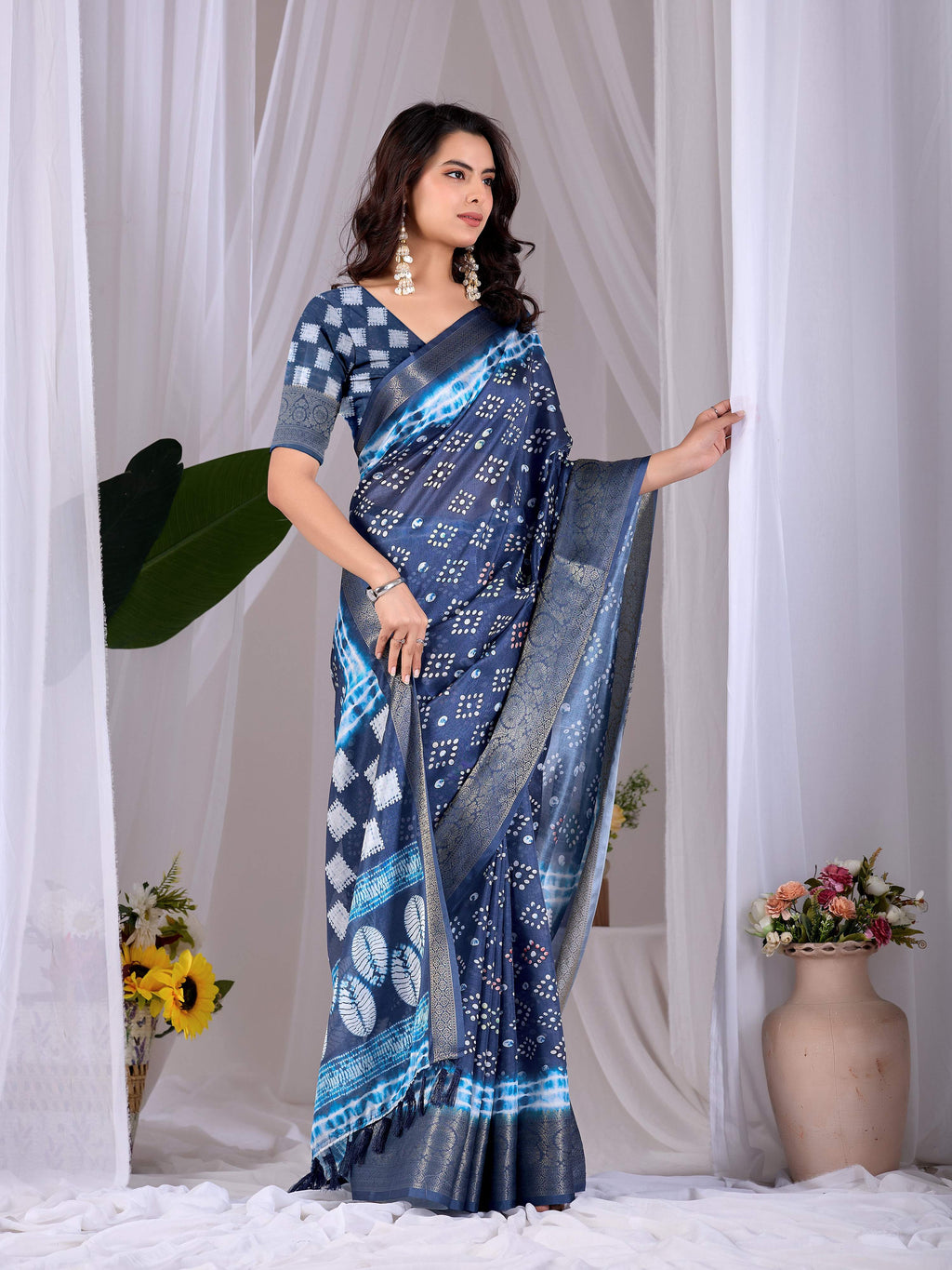 Aastha Fashion Navy Blue Soft Lichi Silk Printed Saree - Distacart