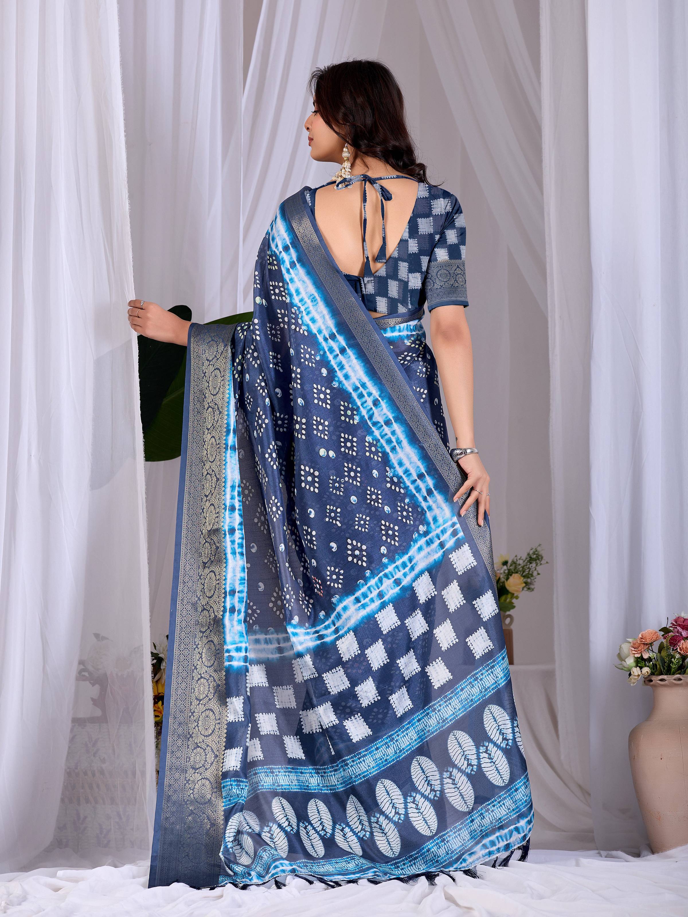 Aastha Fashion Navy Blue Soft Lichi Silk Printed Saree - Distacart