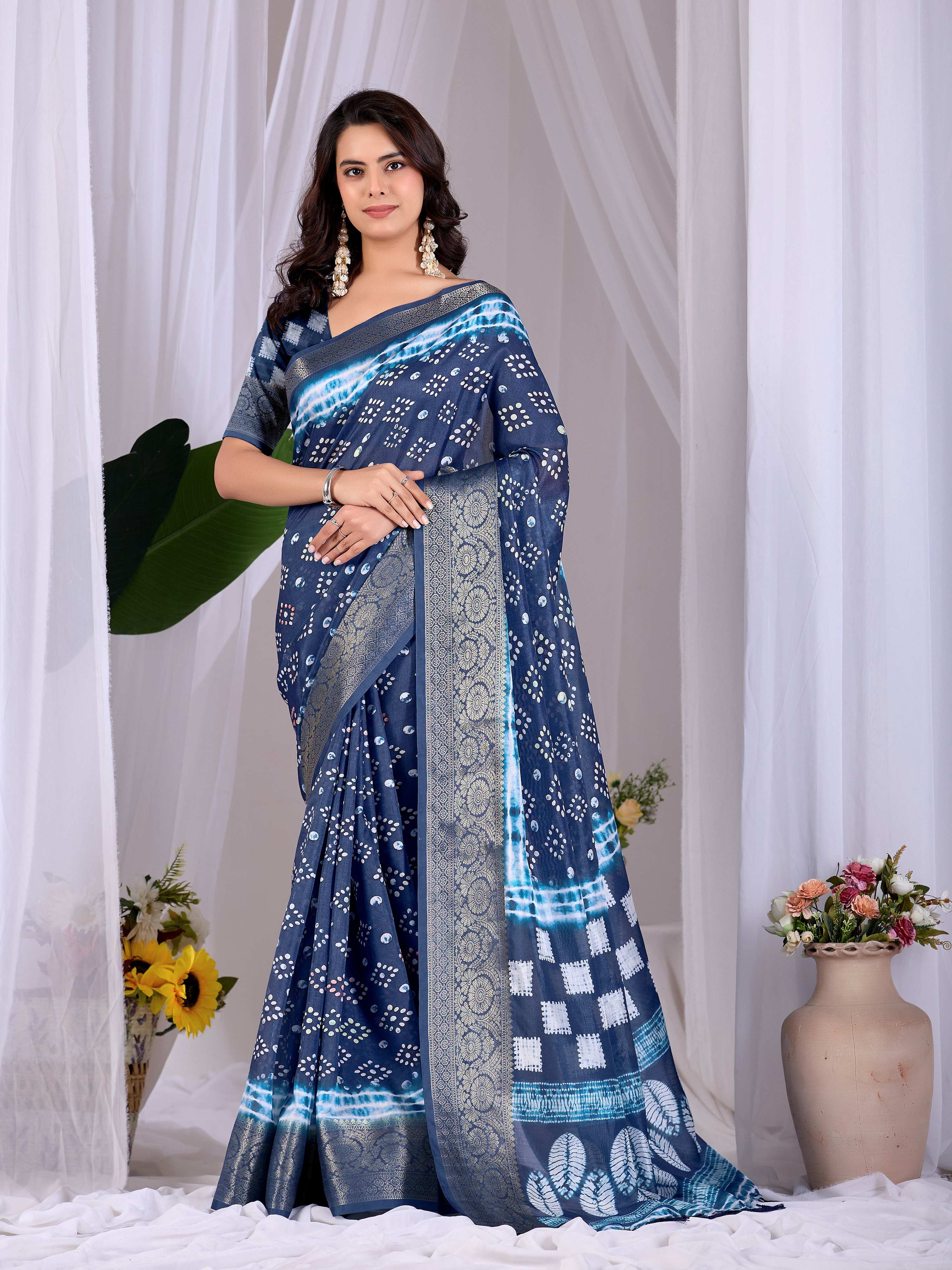 Aastha Fashion Navy Blue Soft Lichi Silk Printed Saree - Distacart