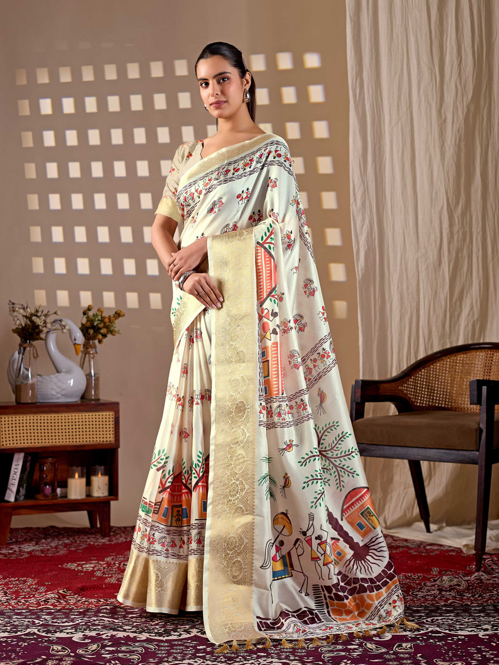 Aastha Fashion Cream Soft Lichi Silk Printed Saree - Distacart