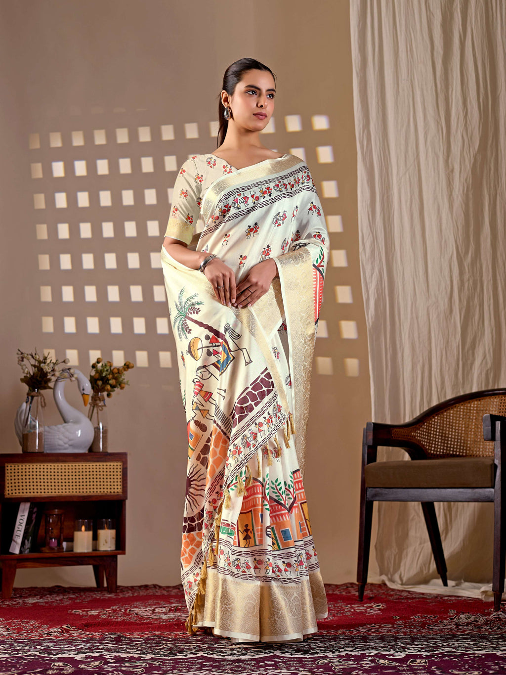 Aastha Fashion Cream Soft Lichi Silk Printed Saree - Distacart