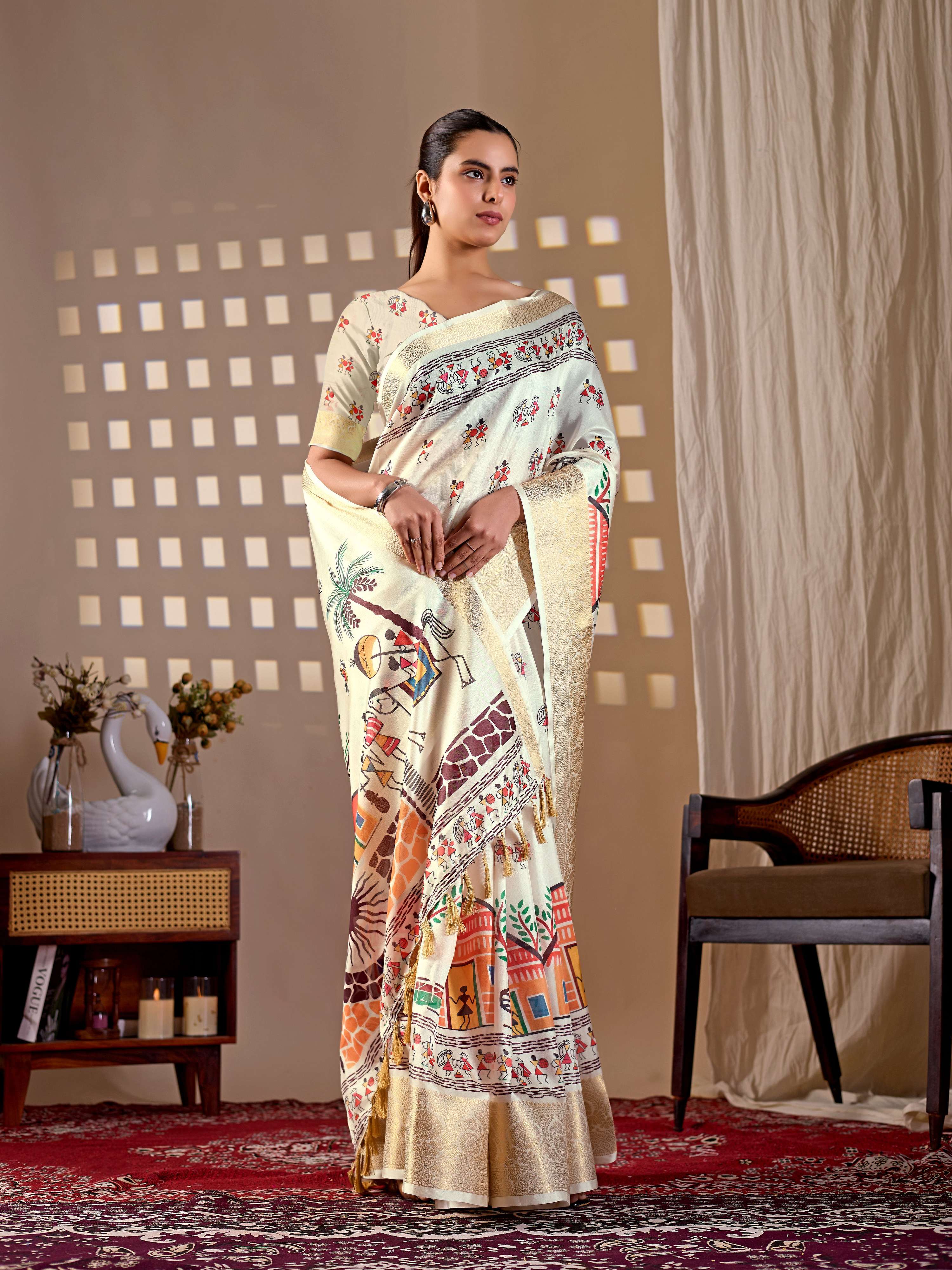 Aastha Fashion Cream Soft Lichi Silk Printed Saree - Distacart