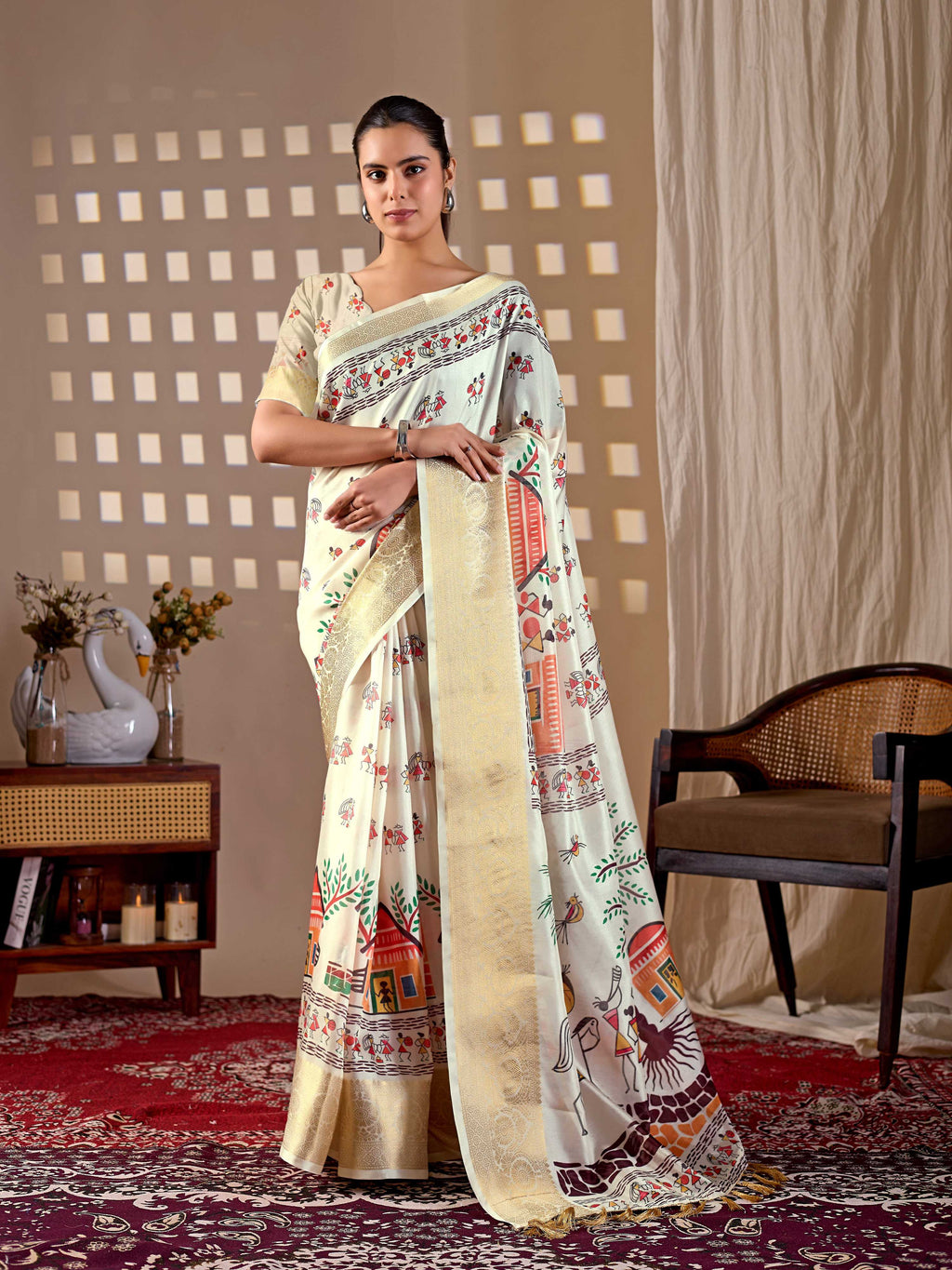 Aastha Fashion Cream Soft Lichi Silk Printed Saree - Distacart