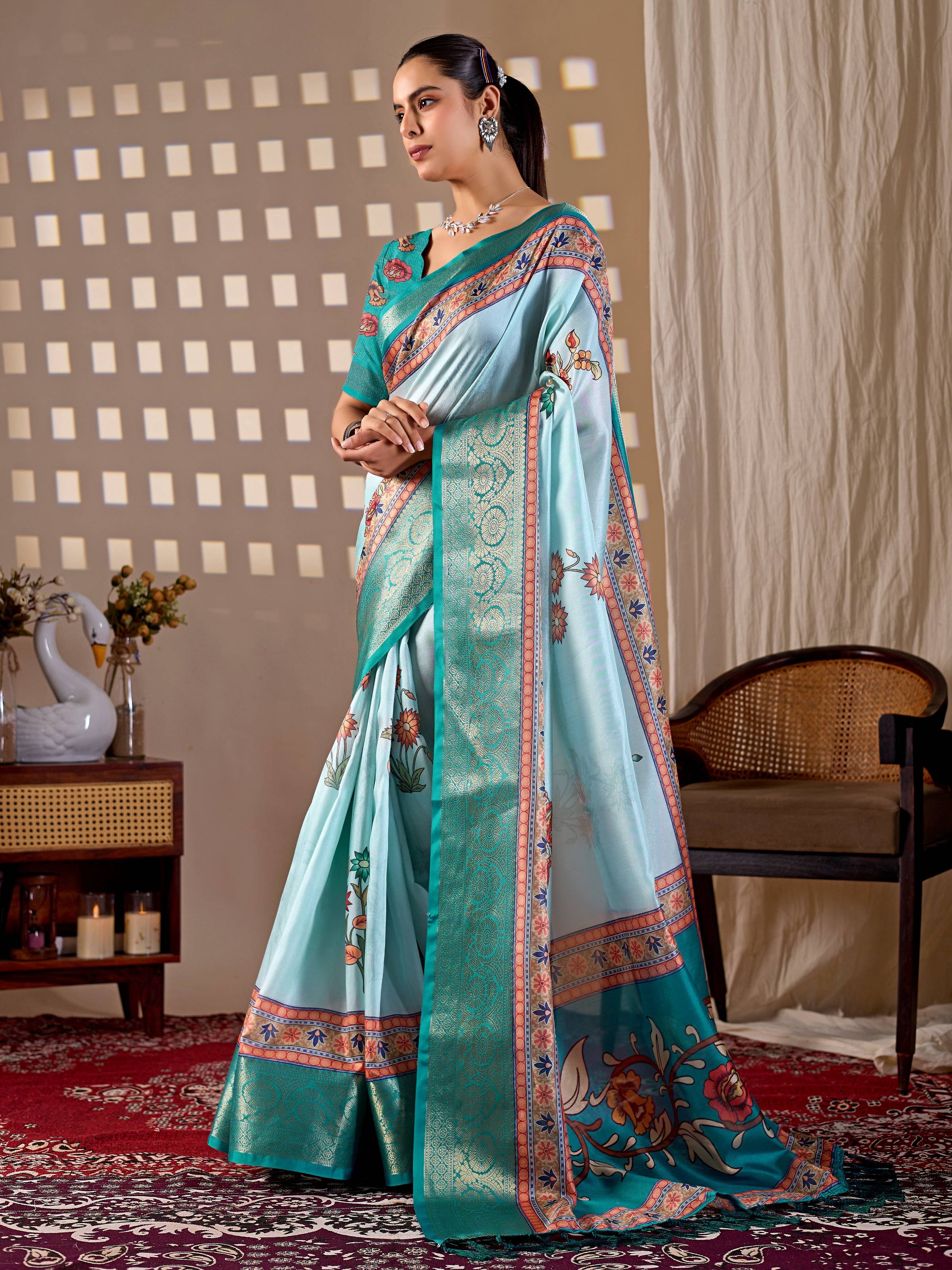 Aastha Fashion Aqua Soft Lichi Silk Printed Saree - Distacart