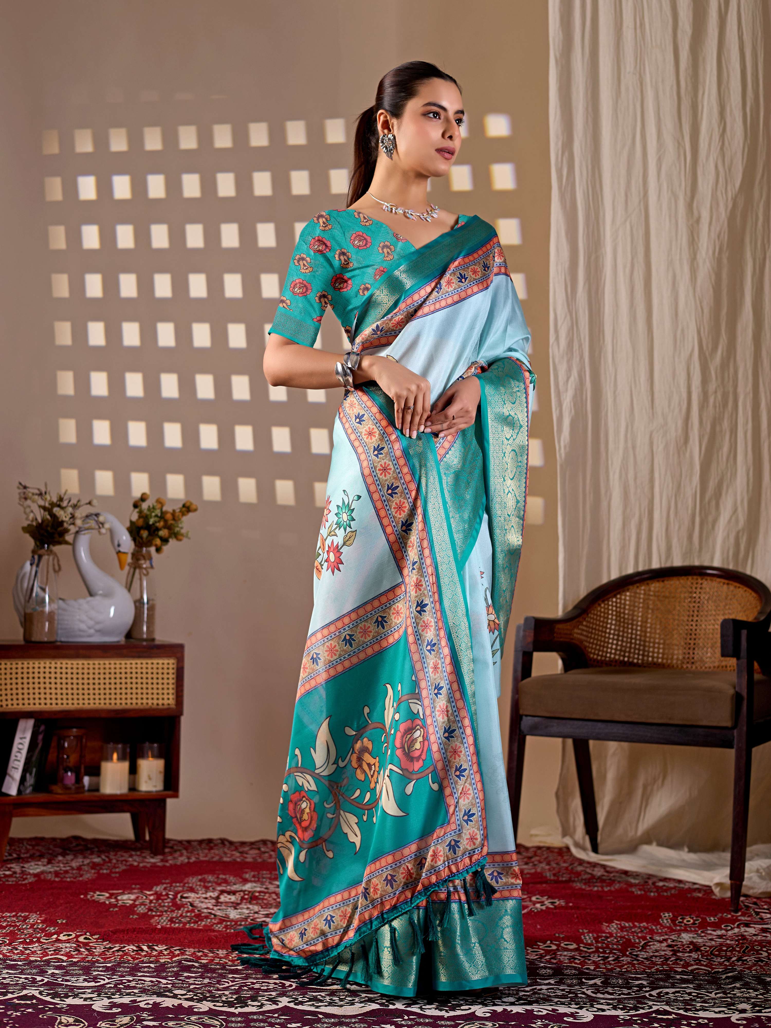 Aastha Fashion Aqua Soft Lichi Silk Printed Saree - Distacart