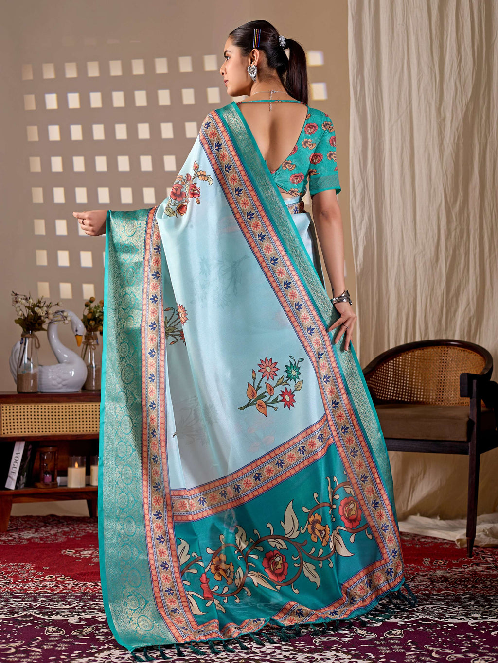 Aastha Fashion Aqua Soft Lichi Silk Printed Saree - Distacart