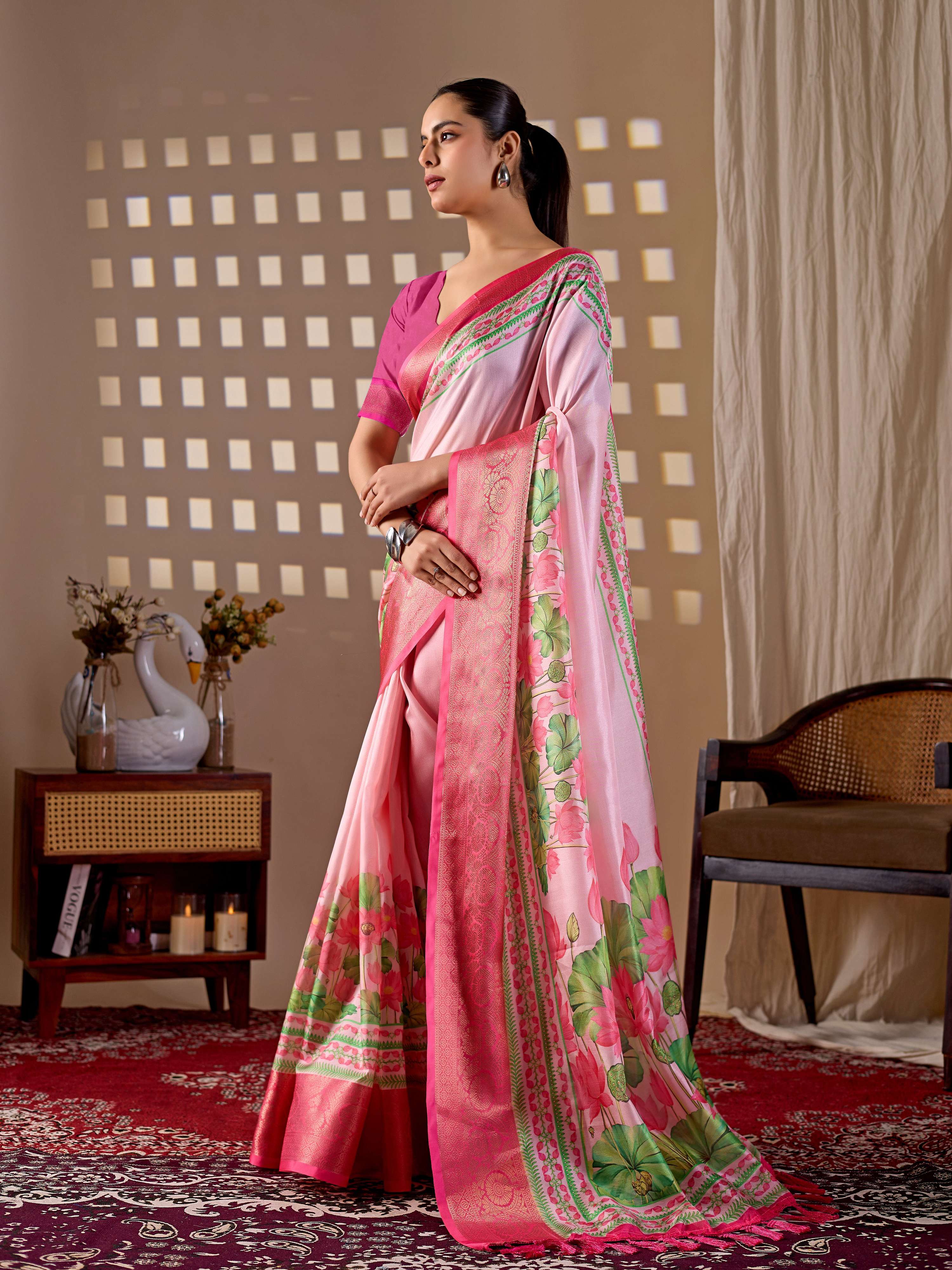 Aastha Fashion Pink Soft Lichi Silk Printed Saree - Distacart