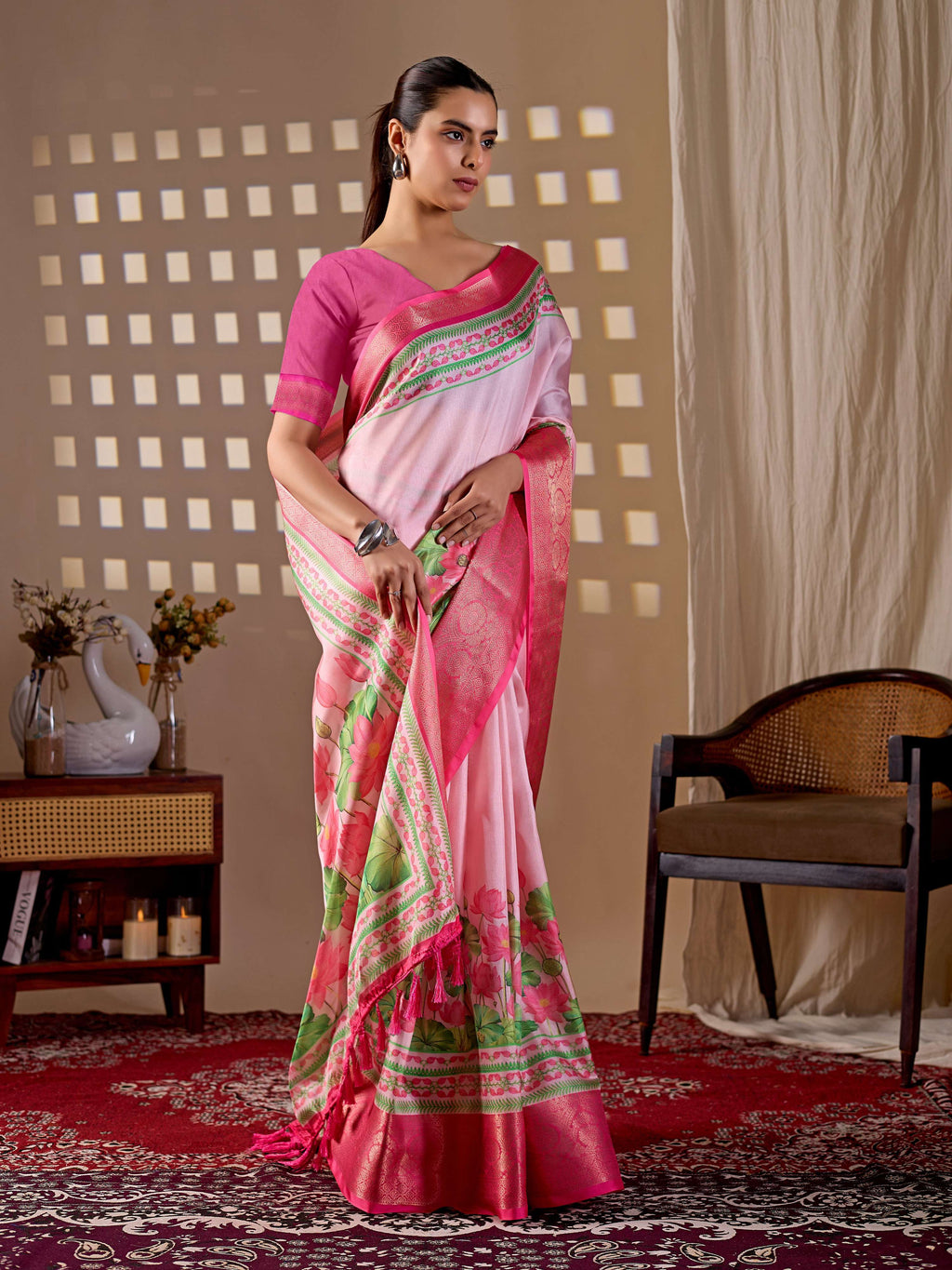 Aastha Fashion Pink Soft Lichi Silk Printed Saree - Distacart
