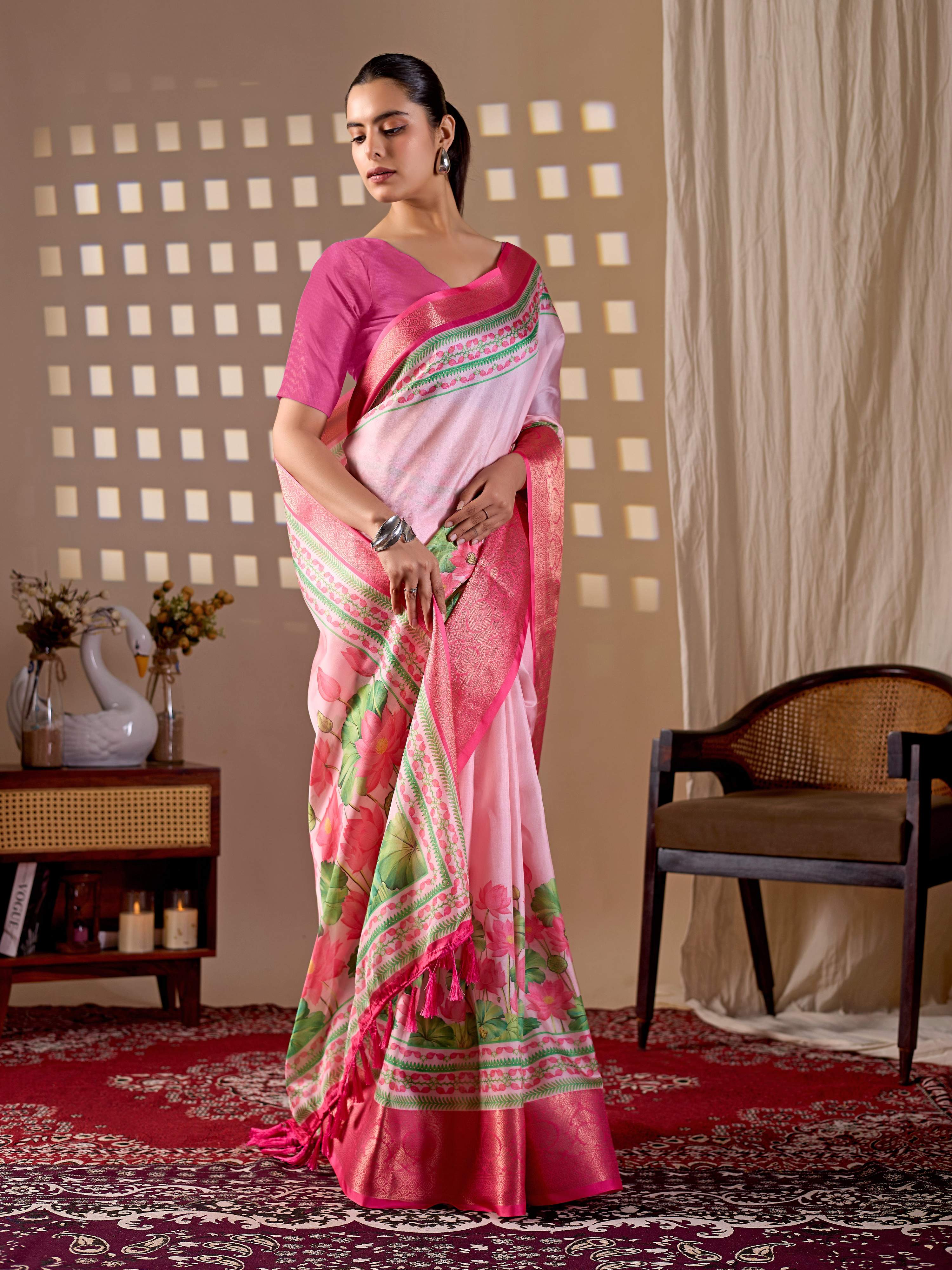 Aastha Fashion Pink Soft Lichi Silk Printed Saree - Distacart