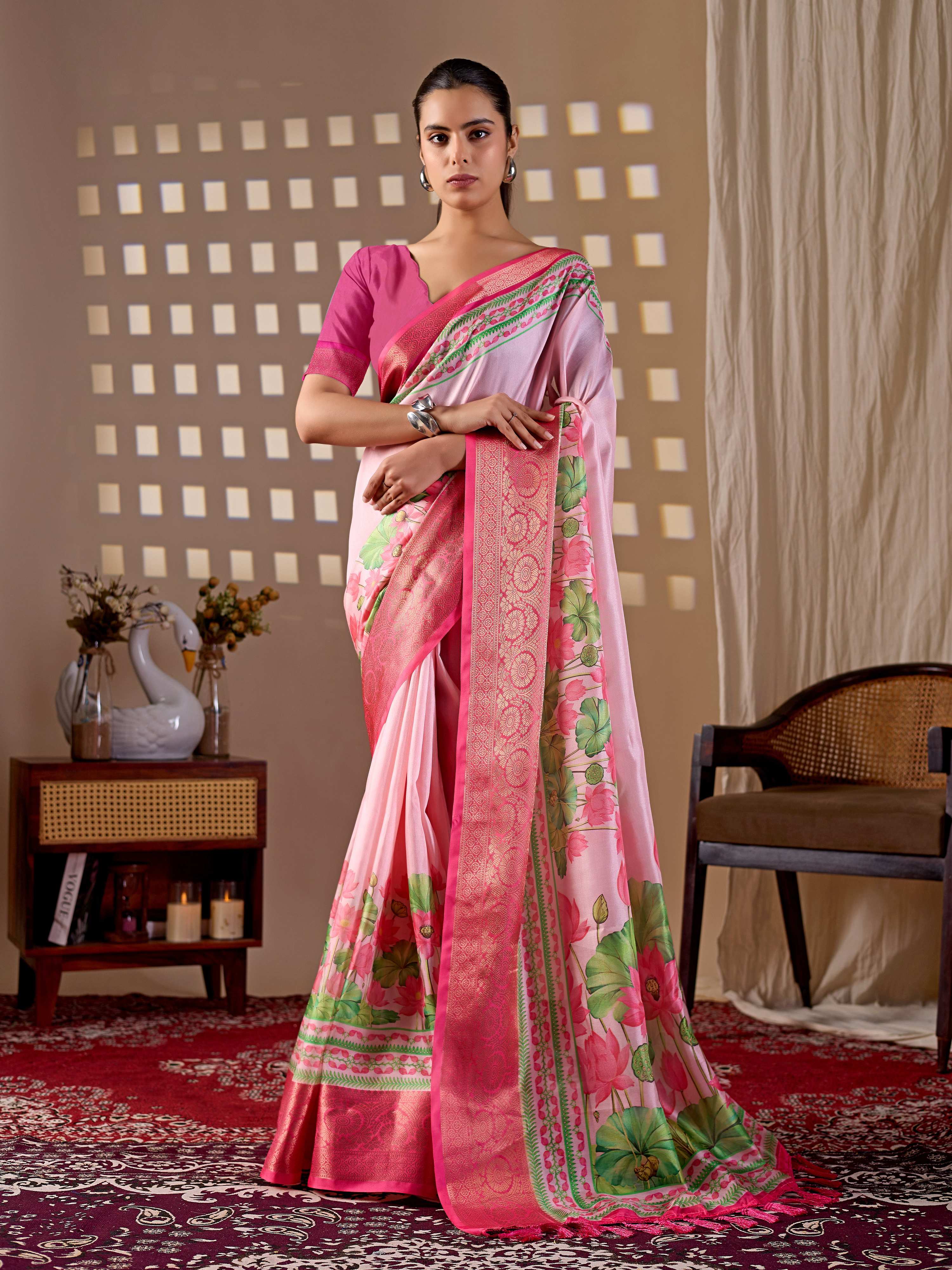 Aastha Fashion Pink Soft Lichi Silk Printed Saree - Distacart